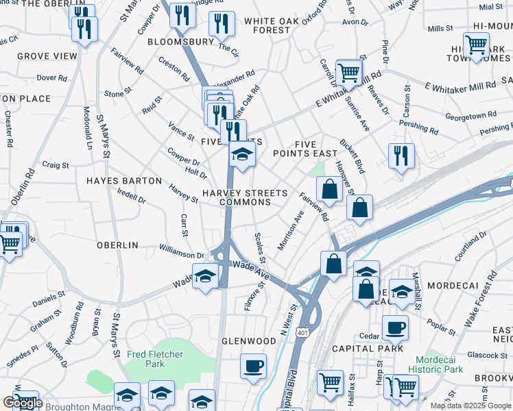 map of restaurants, bars, coffee shops, grocery stores, and more near 1509 Scales Street in Raleigh