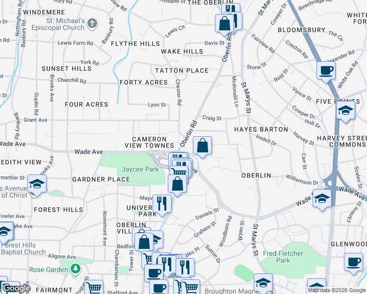 map of restaurants, bars, coffee shops, grocery stores, and more near 1217 Oberlin Road in Raleigh