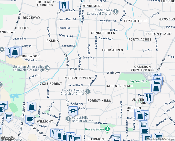 map of restaurants, bars, coffee shops, grocery stores, and more near 2805 Plumfield Place in Raleigh