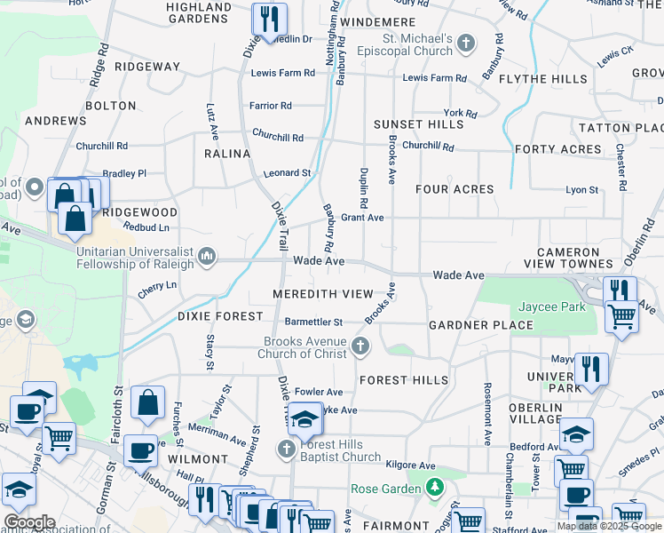 map of restaurants, bars, coffee shops, grocery stores, and more near 2929 Wade Avenue in Raleigh