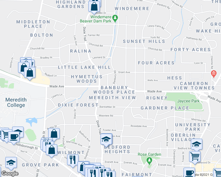 map of restaurants, bars, coffee shops, grocery stores, and more near 3009 Wade Avenue in Raleigh