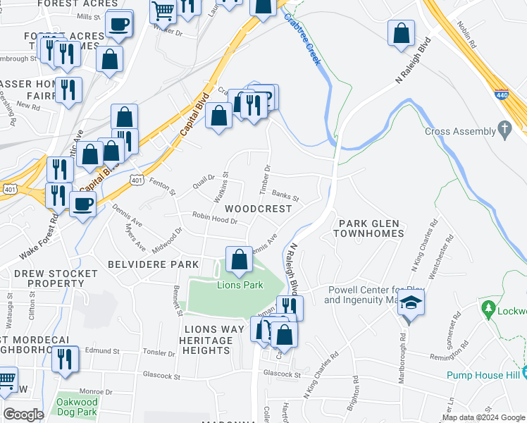 map of restaurants, bars, coffee shops, grocery stores, and more near 501 Cardinal Drive in Raleigh