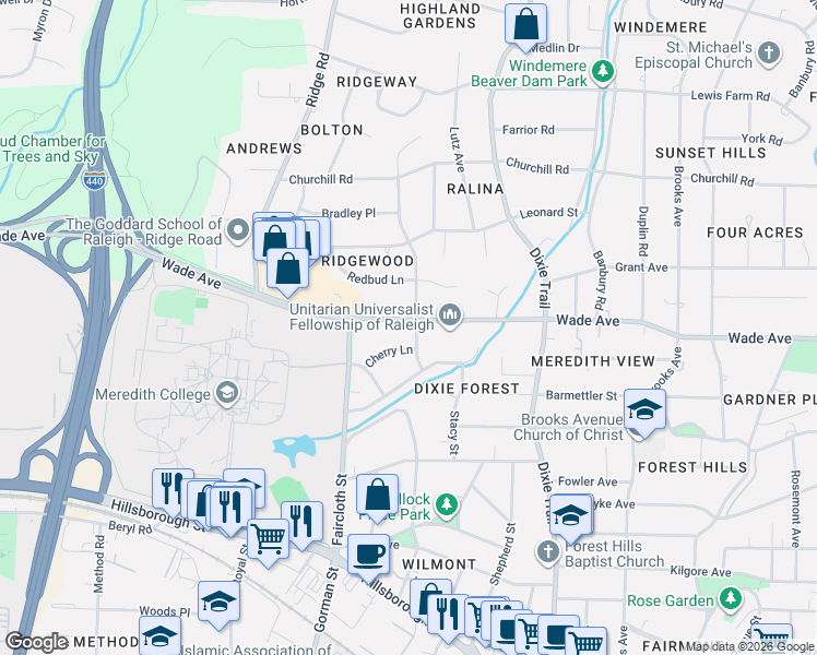 map of restaurants, bars, coffee shops, grocery stores, and more near 1004 Dogwood Lane in Raleigh