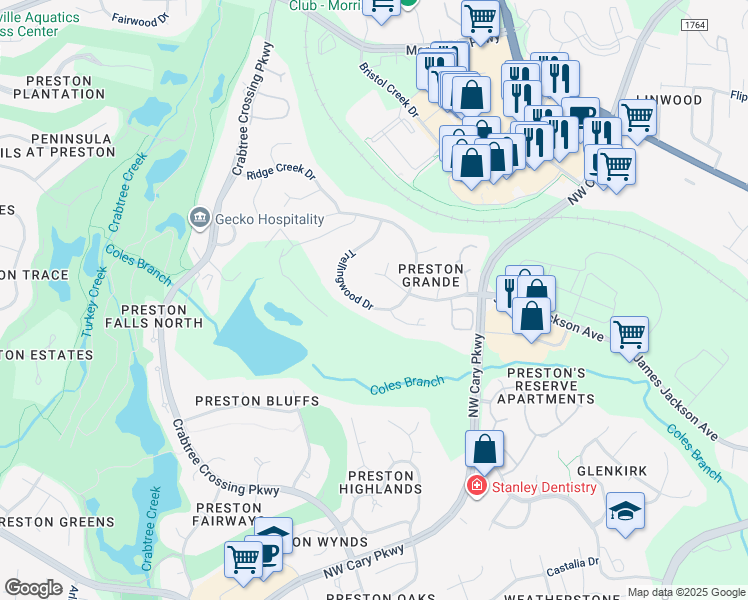 map of restaurants, bars, coffee shops, grocery stores, and more near 104 Trellingwood Drive in Morrisville