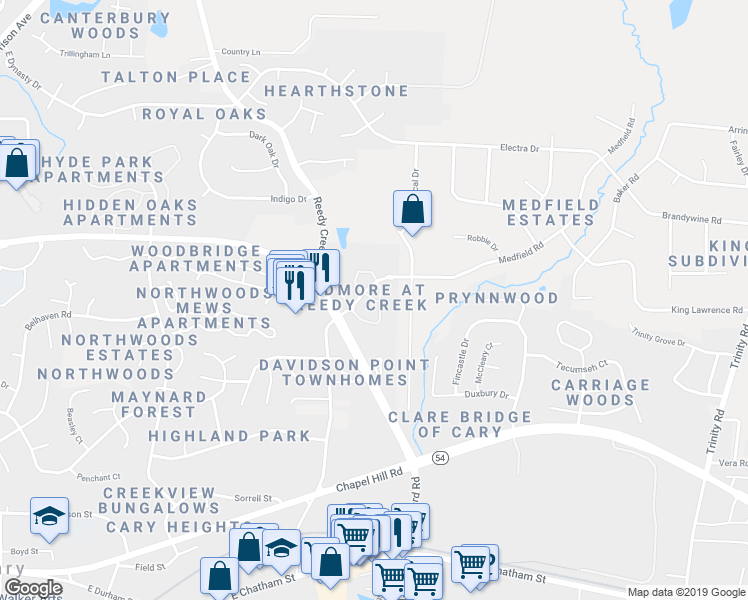 map of restaurants, bars, coffee shops, grocery stores, and more near Dechlan Lane in Raleigh