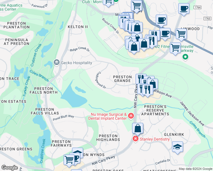 map of restaurants, bars, coffee shops, grocery stores, and more near 104 Trellingwood Drive in Morrisville