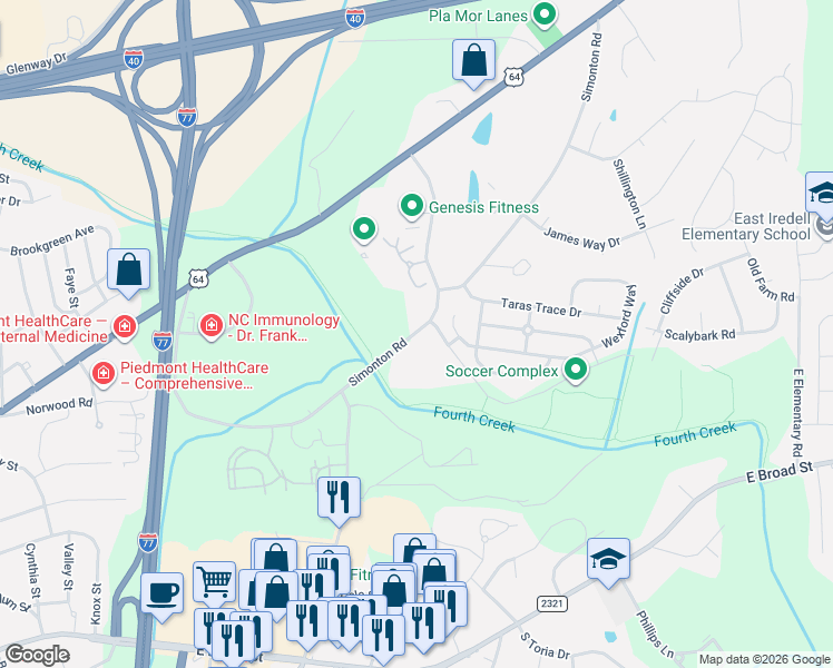 map of restaurants, bars, coffee shops, grocery stores, and more near 1878 Simonton Road in Statesville