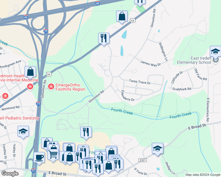 map of restaurants, bars, coffee shops, grocery stores, and more near 1887 Simonton Road in Statesville