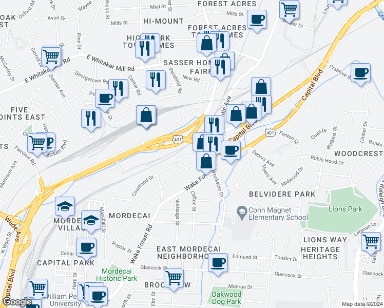map of restaurants, bars, coffee shops, grocery stores, and more near 1530 Yarborough Park Drive in Raleigh
