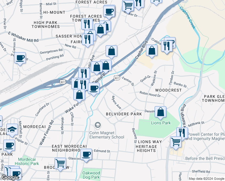 map of restaurants, bars, coffee shops, grocery stores, and more near 113 Dennis Avenue in Raleigh