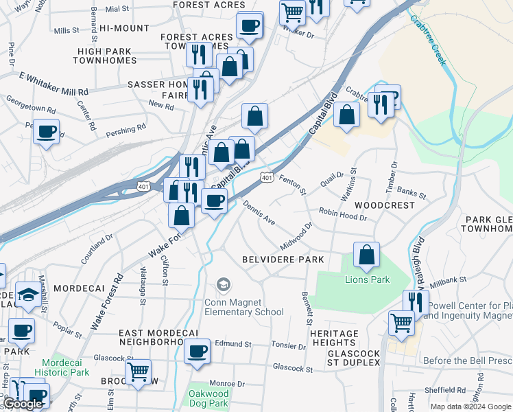 map of restaurants, bars, coffee shops, grocery stores, and more near 113 Dennis Avenue in Raleigh