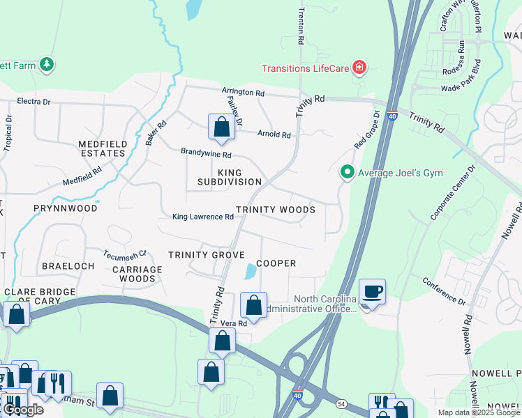 map of restaurants, bars, coffee shops, grocery stores, and more near 100 Trinity Woods Drive in Raleigh