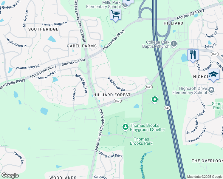 map of restaurants, bars, coffee shops, grocery stores, and more near 232 Hilliard Forest Drive in Cary