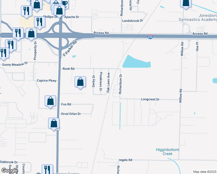 map of restaurants, bars, coffee shops, grocery stores, and more near 3305 Richardson Drive in Jonesboro
