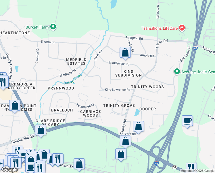 map of restaurants, bars, coffee shops, grocery stores, and more near 6500 King Lawrence Road in Raleigh