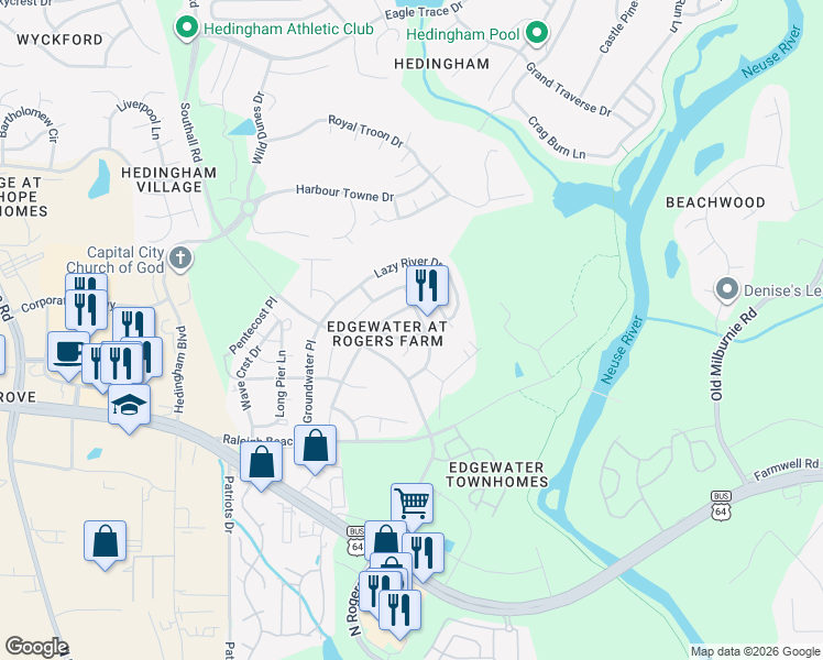 map of restaurants, bars, coffee shops, grocery stores, and more near 2423 Lazy River Drive in Raleigh