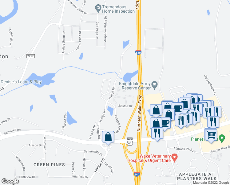 map of restaurants, bars, coffee shops, grocery stores, and more near 1310 Bristoe Drive in Knightdale