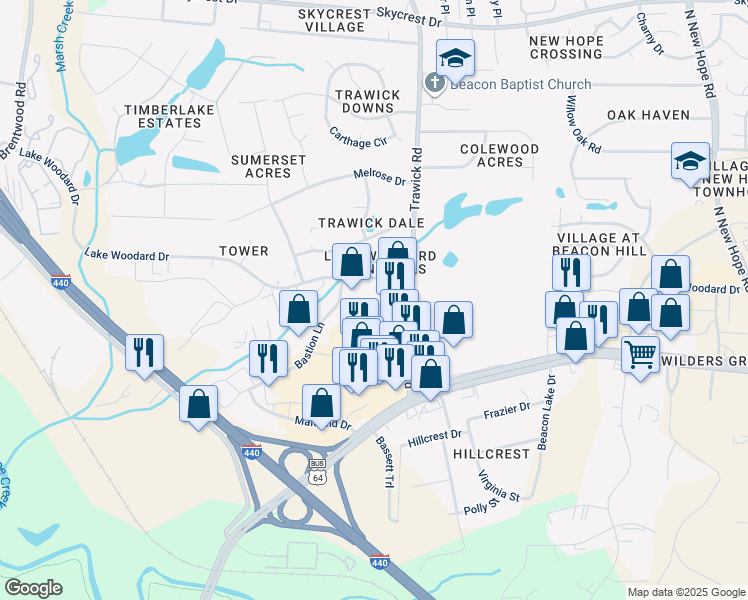 map of restaurants, bars, coffee shops, grocery stores, and more near 3700 Lake Woodard Drive in Raleigh