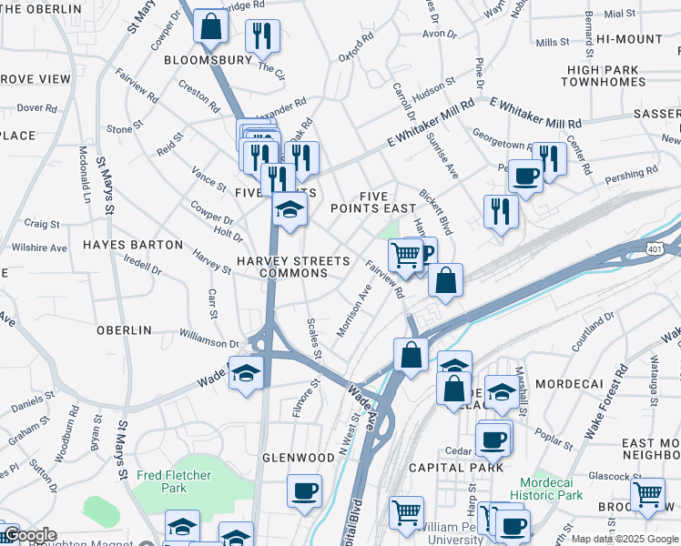 map of restaurants, bars, coffee shops, grocery stores, and more near 500 Harvey Street in Raleigh