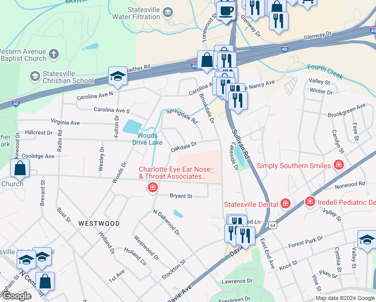 map of restaurants, bars, coffee shops, grocery stores, and more near 712 Oakdale Drive in Statesville