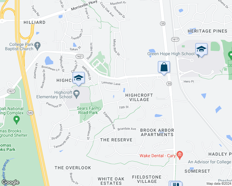 map of restaurants, bars, coffee shops, grocery stores, and more near 156 Brassica Lane in Cary