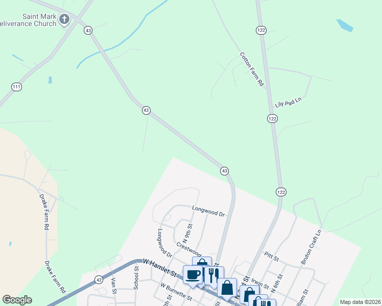 map of restaurants, bars, coffee shops, grocery stores, and more near 2809-3167 North Carolina 43 in Pinetops