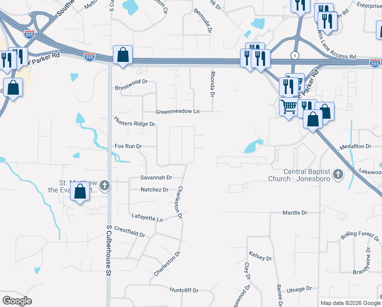 map of restaurants, bars, coffee shops, grocery stores, and more near 418 Brookstone Drive in Jonesboro