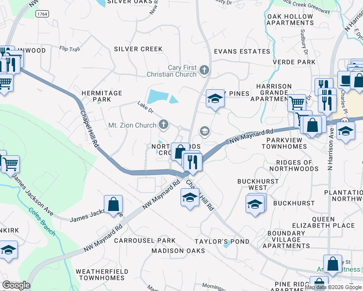 map of restaurants, bars, coffee shops, grocery stores, and more near 501 Ringleaf Court in Cary
