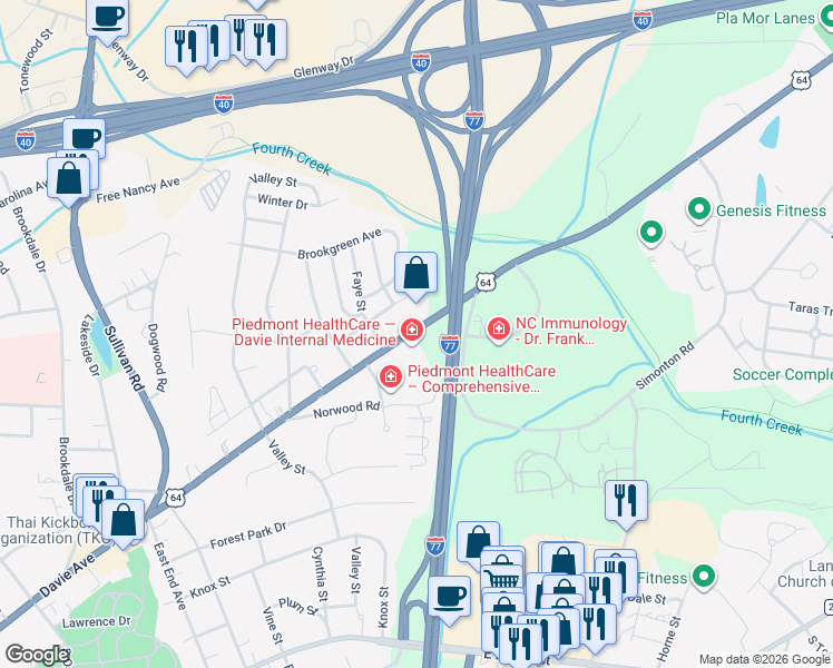 map of restaurants, bars, coffee shops, grocery stores, and more near 1810 Davie Avenue in Statesville
