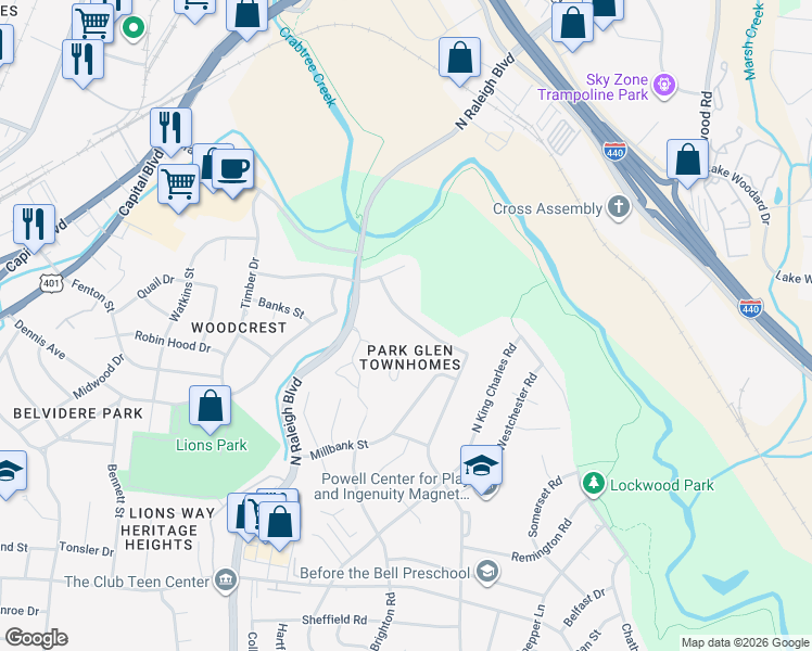 map of restaurants, bars, coffee shops, grocery stores, and more near 817 Dalewood Drive in Raleigh