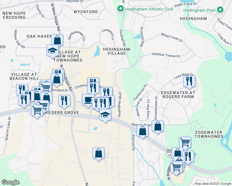 map of restaurants, bars, coffee shops, grocery stores, and more near 1501 Hedingham Boulevard in Raleigh