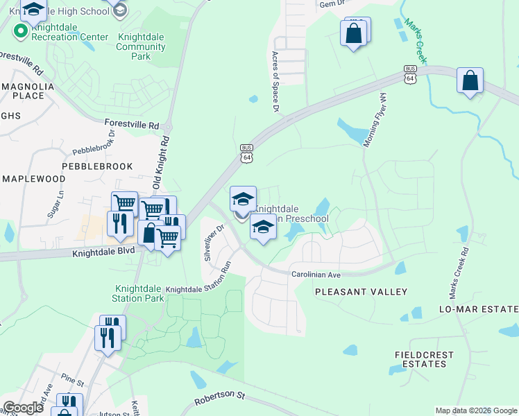 map of restaurants, bars, coffee shops, grocery stores, and more near in Knightdale