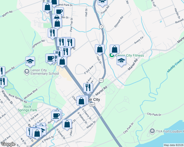map of restaurants, bars, coffee shops, grocery stores, and more near 1209 East 2nd Avenue in Lenoir City