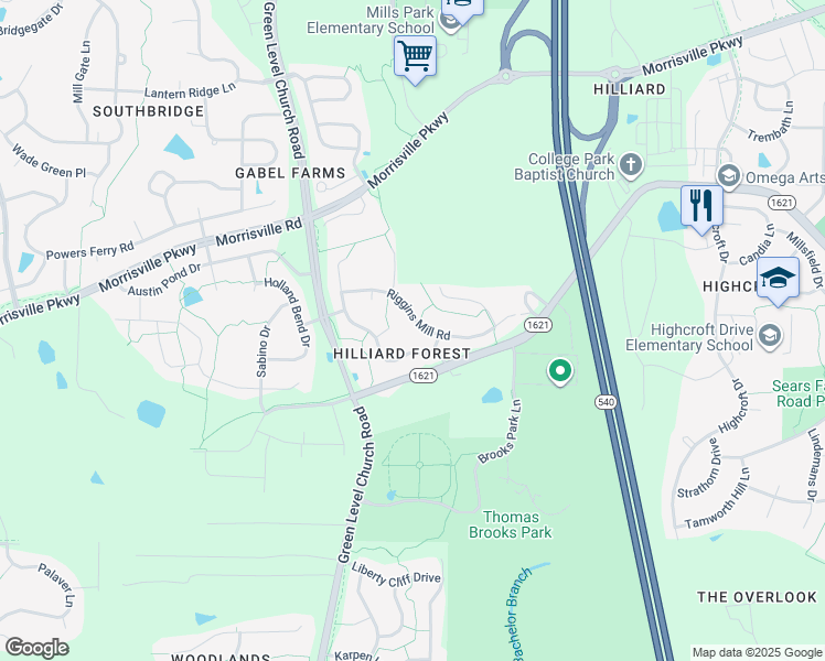 map of restaurants, bars, coffee shops, grocery stores, and more near 232 Hilliard Forest Drive in Cary