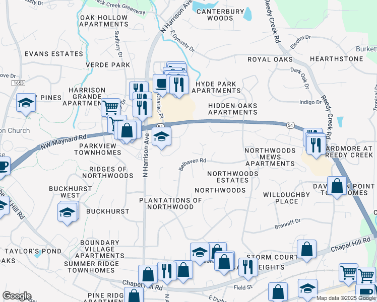 map of restaurants, bars, coffee shops, grocery stores, and more near 110 O'Hara Court in Cary