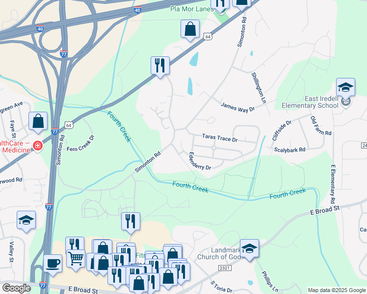 map of restaurants, bars, coffee shops, grocery stores, and more near 2023 Wexford Way in Statesville