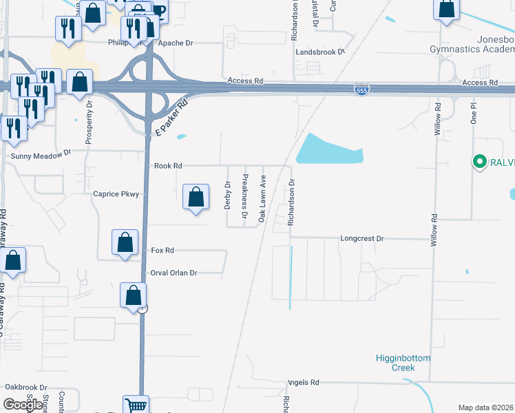 map of restaurants, bars, coffee shops, grocery stores, and more near 3500 Preakness Drive in Jonesboro