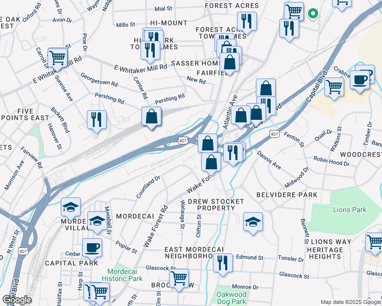 map of restaurants, bars, coffee shops, grocery stores, and more near 1503 Yarborough Park Drive in Raleigh