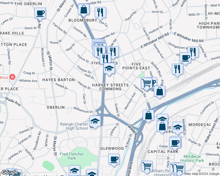 map of restaurants, bars, coffee shops, grocery stores, and more near 710 Harvey Street in Raleigh