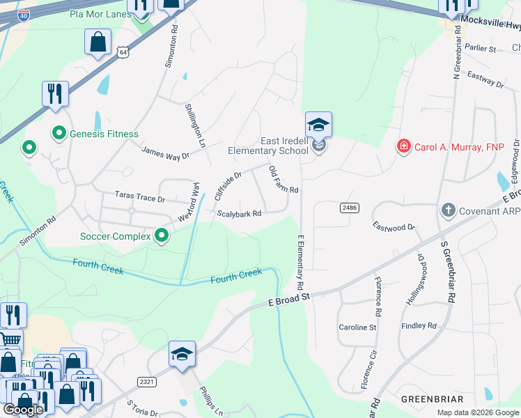 map of restaurants, bars, coffee shops, grocery stores, and more near 2422 Scalybark Road in Statesville