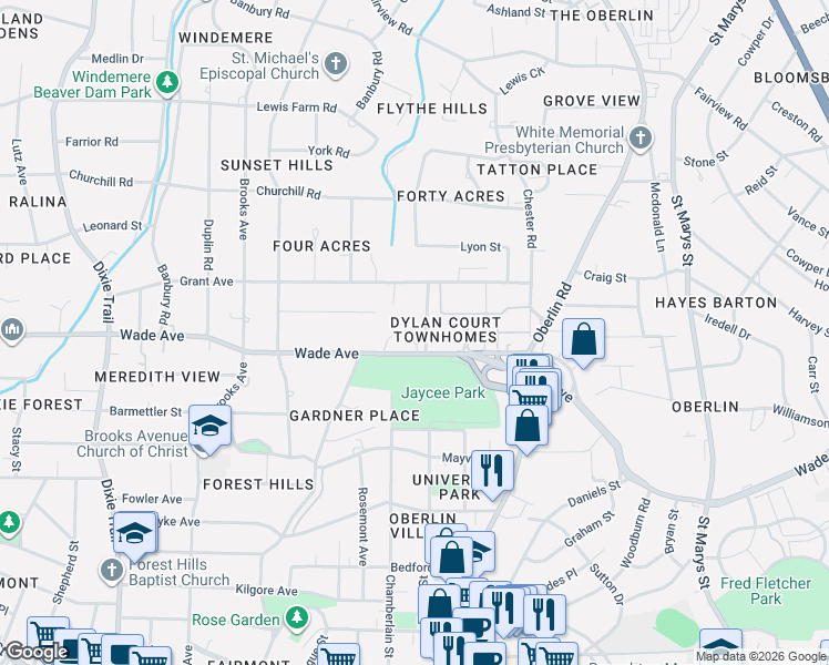 map of restaurants, bars, coffee shops, grocery stores, and more near 2404 Wade Avenue in Raleigh