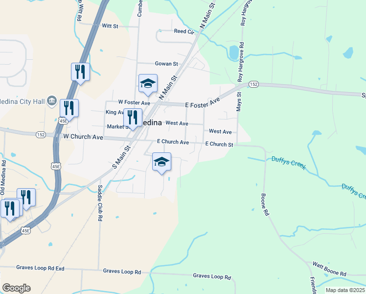 map of restaurants, bars, coffee shops, grocery stores, and more near 337 Rowlett Avenue in Medina