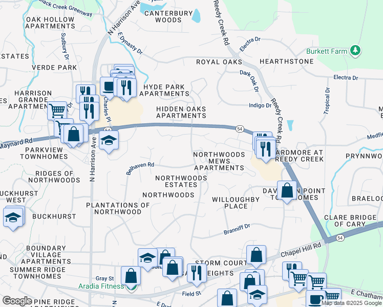 map of restaurants, bars, coffee shops, grocery stores, and more near 411 Gregory Drive in Cary