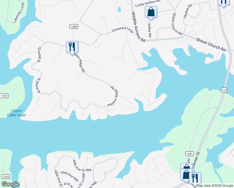 map of restaurants, bars, coffee shops, grocery stores, and more near 678 Players Ridge Road in Hickory