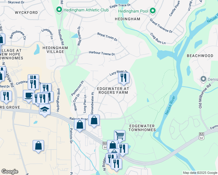 map of restaurants, bars, coffee shops, grocery stores, and more near 2219 River Basin Lane in Raleigh