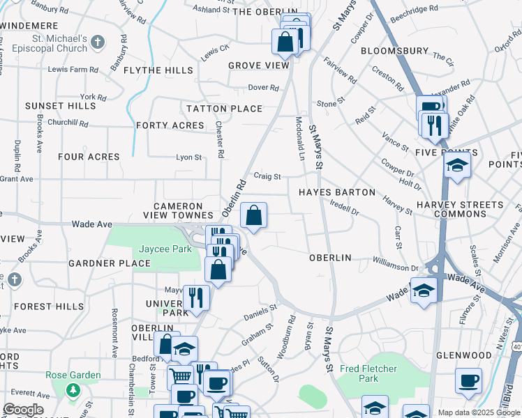 map of restaurants, bars, coffee shops, grocery stores, and more near 1822 Arlington Street in Raleigh