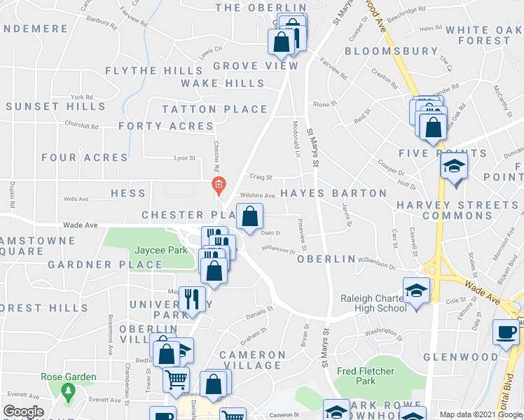map of restaurants, bars, coffee shops, grocery stores, and more near 1320 Diehl Street in Raleigh