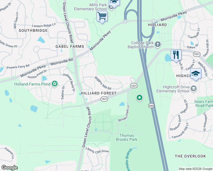 map of restaurants, bars, coffee shops, grocery stores, and more near 209 Hilliard Forest Drive in Cary
