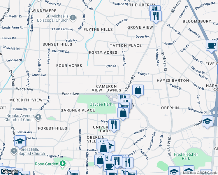 map of restaurants, bars, coffee shops, grocery stores, and more near 1328 Cameron View Court in Raleigh