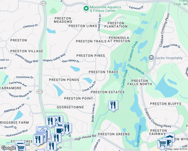 map of restaurants, bars, coffee shops, grocery stores, and more near 101 Grove Hall Court in Cary